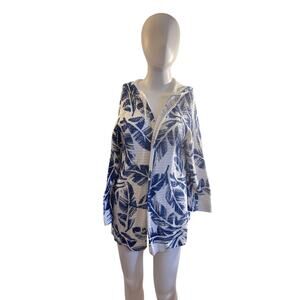 Chico’s Weekends Hoodie Cardigan Size 1 M Blue White Leaf Print Zip Cotton